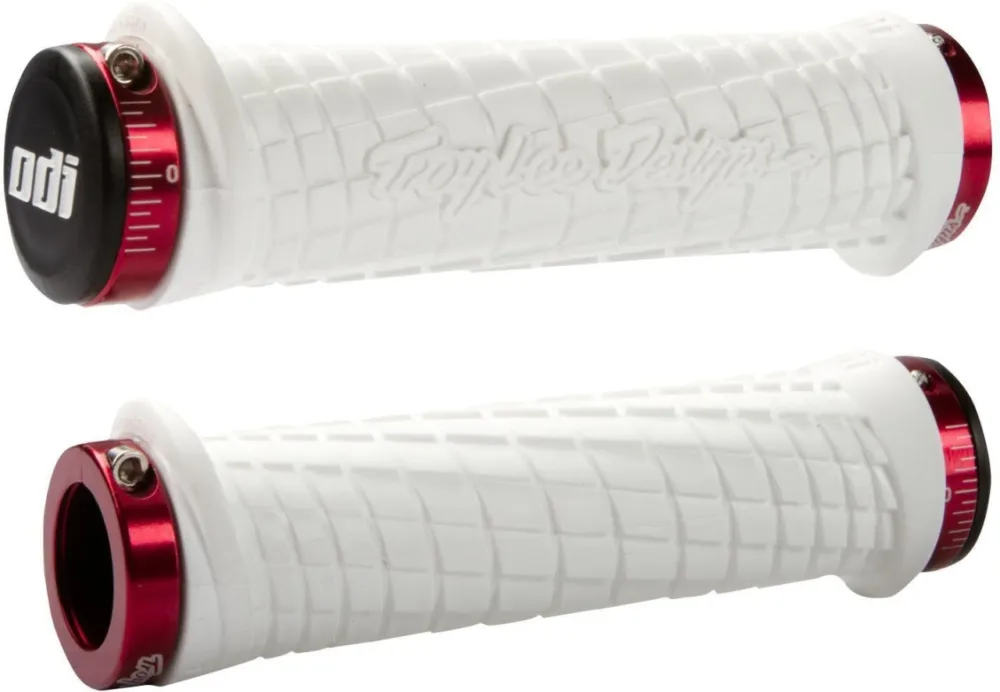 Promoție ODI MTB grips Troy Lee Designs Lock-On white , 130mm red clamps