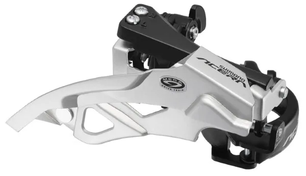 Comandă acum SCHIMBATOR FATA SHIMANO ACERA FD-M390 TRIPLU TOP SWING TRAGERE DUBLA COLIER 34.9MM (CU ADAPTOR 31.8MM & 28.6MM) PT. 9 VIT. PE SPATE PT. 44/48T CL 50MM UNGHI CS 63-66 AMBALAT IND.